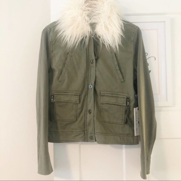 ANTHROPOLOGIE Marrakech Army Green Faux Fur Collared Cadet Jacket Small NEW - Picture 2 of 16